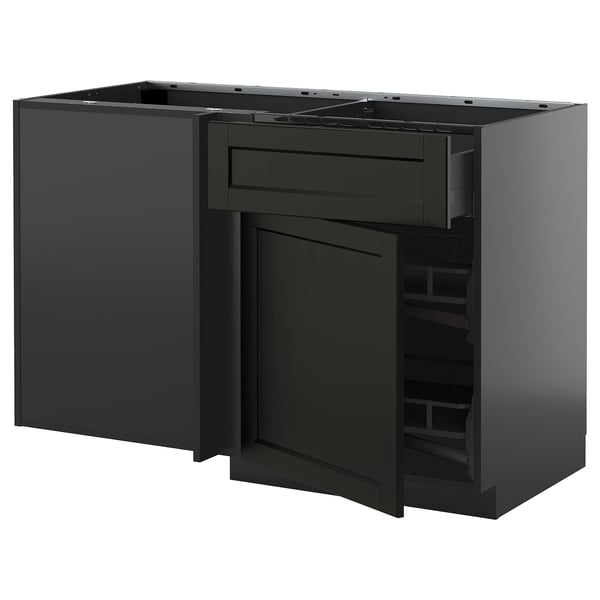METOD / KNIVSHULT corner base cab w drawer and p-out, black-grey/Lerhyttan black stained, 128x68 cm
