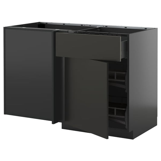 METOD / KNIVSHULT - METOD / KNIVSHULT Corner base cab w drawer and p-out, black-grey/Nickebo matt anthracite, 128x68 cm