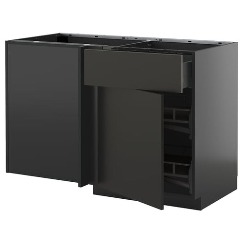 METOD / KNIVSHULT - METOD / KNIVSHULT Corner base cab w drawer and p-out, black-grey/Nickebo matt anthracite, 128x68 cm