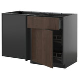 METOD / KNIVSHULT corner base cab w drawer and p-out, black-grey/Sinarp brown, 128x68 cm