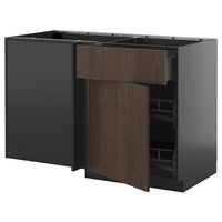 METOD / KNIVSHULT corner base cab w drawer and p-out, black-grey/Sinarp brown, 128x68 cm