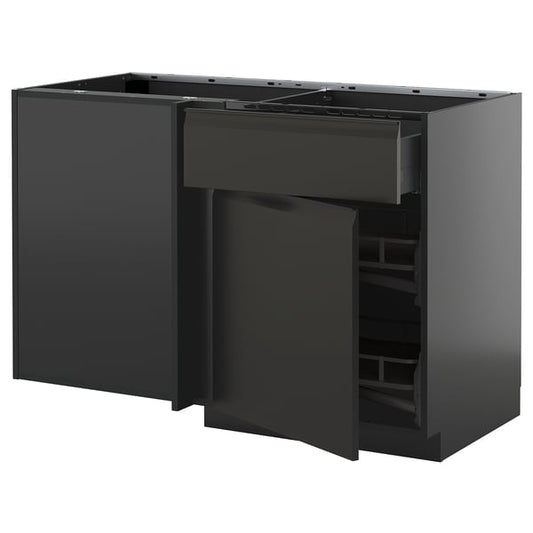 METOD / KNIVSHULT - METOD / KNIVSHULT Corner base cab w drawer and p-out, black-grey/Upplöv matt anthracite, 128x68 cm