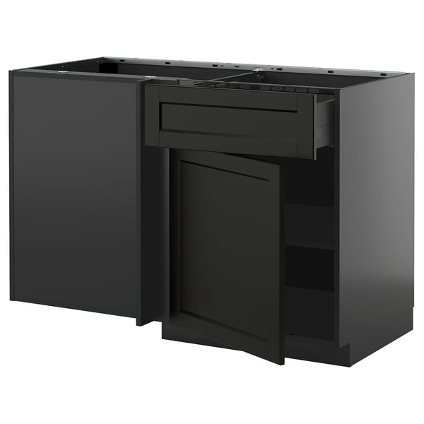 METOD / KNIVSHULT corner base cab w drawer and shelf, black-grey/Lerhyttan black stained, 128x68 cm