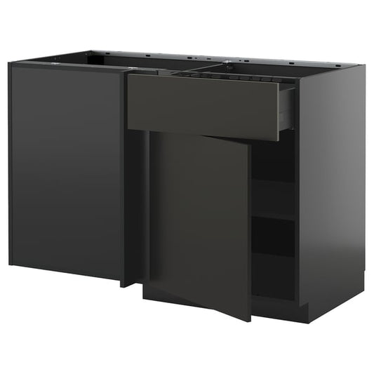 METOD / KNIVSHULT - METOD / KNIVSHULT Corner base cab w drawer and shelf, black-grey/Nickebo matt anthracite, 128x68 cm