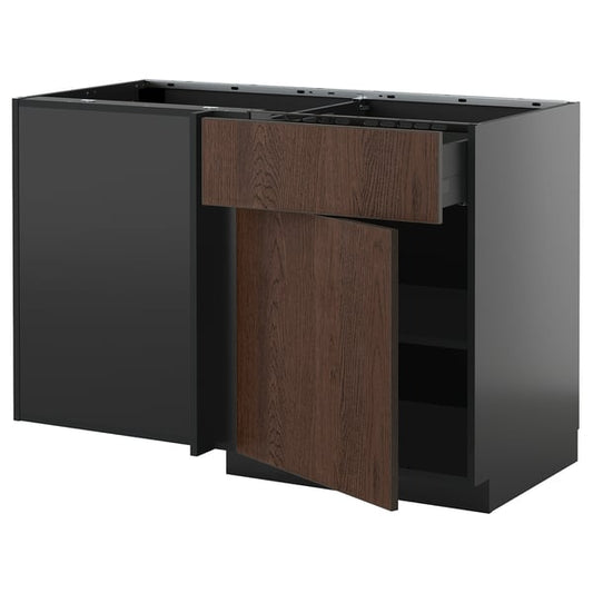 METOD / KNIVSHULT - METOD / KNIVSHULT Corner base cab w drawer and shelf, black-grey/Sinarp brown, 128x68 cm