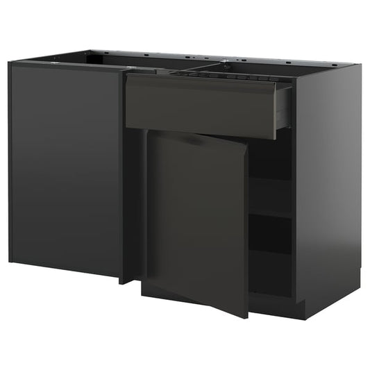 METOD / KNIVSHULT - METOD / KNIVSHULT Corner base cab w drawer and shelf, black-grey/Upplöv matt anthracite, 128x68 cm
