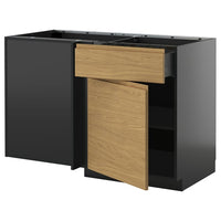 METOD / KNIVSHULT corner base cab w drawer and shelf, black-grey/Voxtorp oak effect, 128x68 cm