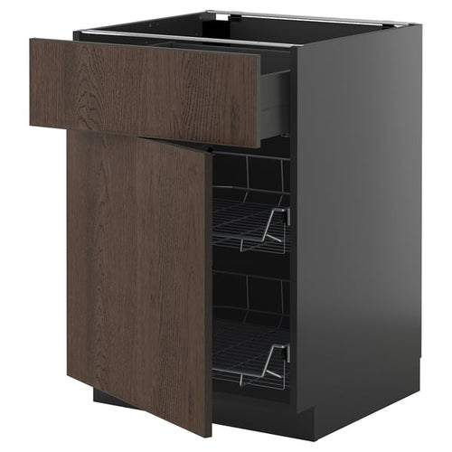 METOD / KNIVSHULT - METOD / KNIVSHULT Base cab w wire basket/drawer/door, black-grey/Sinarp brown, 60x60 cm