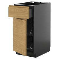 METOD / KNIVSHULT base cab w wire basket/drawer/door, black-grey/Voxtorp oak effect, 40x60 cm