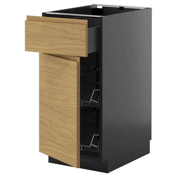 METOD / KNIVSHULT base cab w wire basket/drawer/door, black-grey/Voxtorp oak effect, 40x60 cm