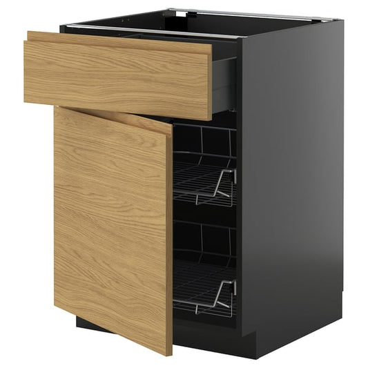 METOD / KNIVSHULT - METOD / KNIVSHULT Base cab w wire basket/drawer/door, black-grey/Voxtorp oak effect, 60x60 cm