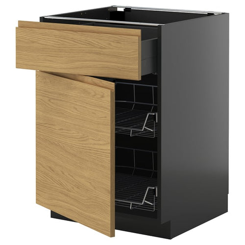 METOD / KNIVSHULT - METOD / KNIVSHULT Base cab w wire basket/drawer/door, black-grey/Voxtorp oak effect, 60x60 cm