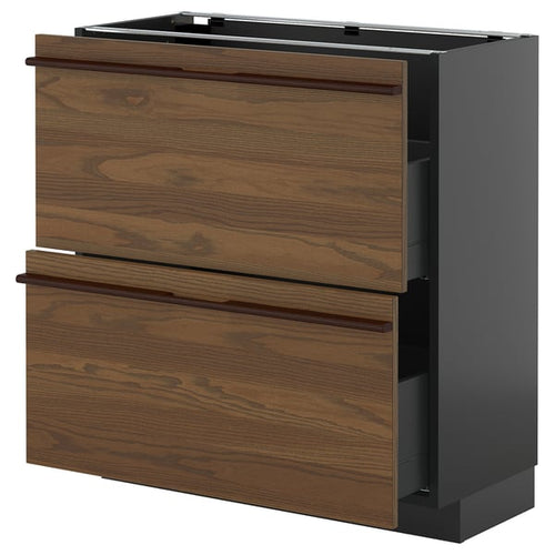 METOD / KNIVSHULT - METOD / KNIVSHULT Base cabinet with 2 drawers, black-grey/Stensta dark brown ash veneer, 80x37 cm