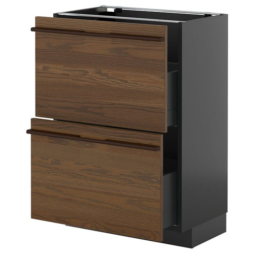 METOD / KNIVSHULT - METOD / KNIVSHULT Base cabinet with 2 drawers, black-grey/Stensta dark brown ash veneer, 60x37 cm