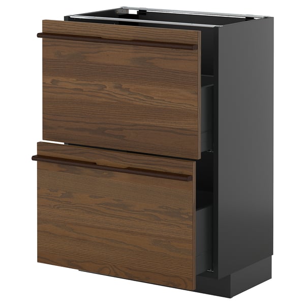 METOD / KNIVSHULT - METOD / KNIVSHULT Base cabinet with 2 drawers, black-grey/Stensta dark brown ash veneer, 60x37 cm