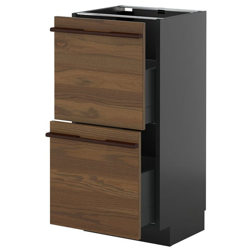 METOD / KNIVSHULT - METOD / KNIVSHULT Base cabinet with 2 drawers, black-grey/Stensta dark brown ash veneer, 40x37 cm