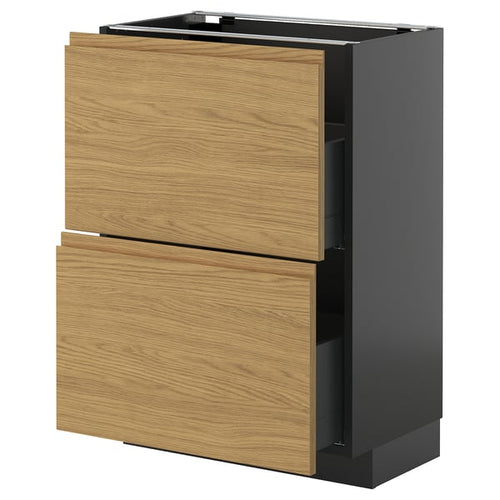 METOD / KNIVSHULT - METOD / KNIVSHULT Base cabinet with 2 drawers, black-grey/Voxtorp oak effect, 60x37 cm
