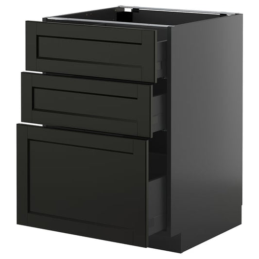 METOD / KNIVSHULT - METOD / KNIVSHULT Base cabinet with 3 drawers, black-grey/Lerhyttan black stained, 60x60 cm