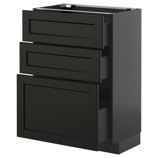 METOD / KNIVSHULT - METOD / KNIVSHULT Base cabinet with 3 drawers, black-grey/Lerhyttan black stained, 60x37 cm