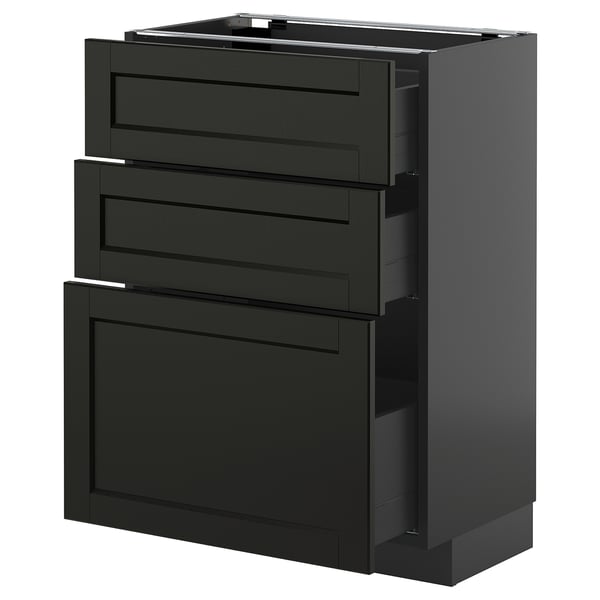 METOD / KNIVSHULT base cabinet with 3 drawers, black-grey/Lerhyttan black stained, 60x37 cm