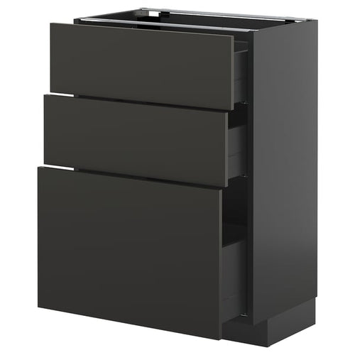 METOD / KNIVSHULT - METOD / KNIVSHULT Base cabinet with 3 drawers, black-grey/Nickebo matt anthracite, 60x37 cm