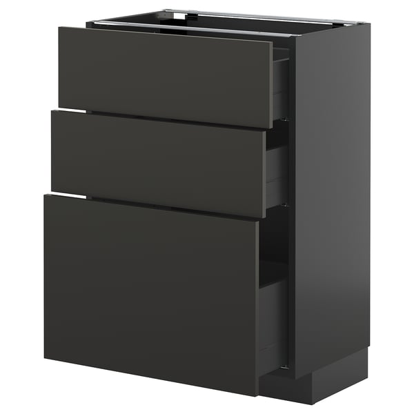 METOD / KNIVSHULT - METOD / KNIVSHULT Base cabinet with 3 drawers, black-grey/Nickebo matt anthracite, 60x37 cm