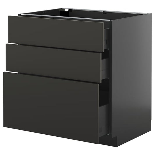 METOD / KNIVSHULT - METOD / KNIVSHULT Base cabinet with 3 drawers, black-grey/Nickebo matt anthracite, 80x60 cm