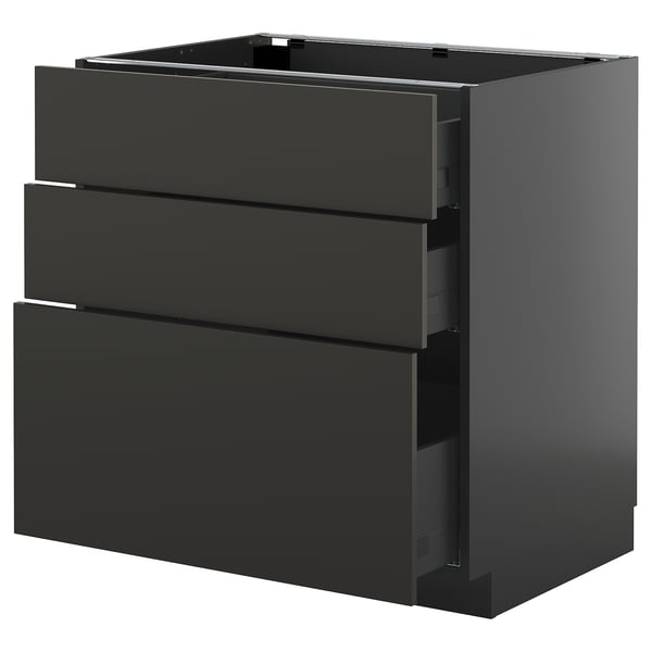 METOD / KNIVSHULT - METOD / KNIVSHULT Base cabinet with 3 drawers, black-grey/Nickebo matt anthracite, 80x60 cm