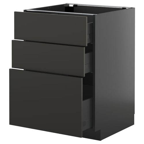 METOD / KNIVSHULT - METOD / KNIVSHULT Base cabinet with 3 drawers, black-grey/Nickebo matt anthracite, 60x60 cm
