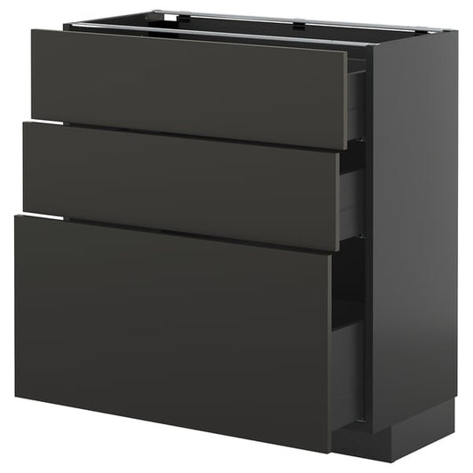 METOD / KNIVSHULT - METOD / KNIVSHULT Base cabinet with 3 drawers, black-grey/Nickebo matt anthracite, 80x37 cm