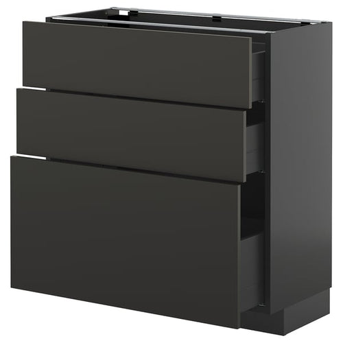 METOD / KNIVSHULT - METOD / KNIVSHULT Base cabinet with 3 drawers, black-grey/Nickebo matt anthracite, 80x37 cm
