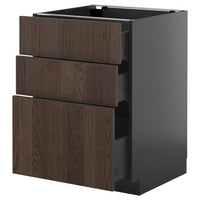 METOD / KNIVSHULT base cabinet with 3 drawers, black-grey/Sinarp brown, 60x60 cm