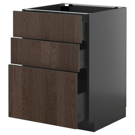 METOD / KNIVSHULT - METOD / KNIVSHULT Base cabinet with 3 drawers, black-grey/Sinarp brown, 60x60 cm