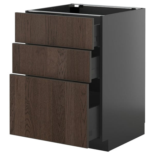 METOD / KNIVSHULT - METOD / KNIVSHULT Base cabinet with 3 drawers, black-grey/Sinarp brown, 60x60 cm