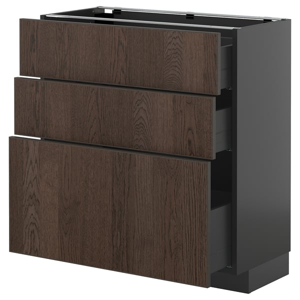 METOD / KNIVSHULT base cabinet with 3 drawers, black-grey/Sinarp brown, 80x37 cm