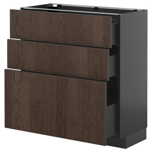 METOD / KNIVSHULT - METOD / KNIVSHULT Base cabinet with 3 drawers, black-grey/Sinarp brown, 80x37 cm
