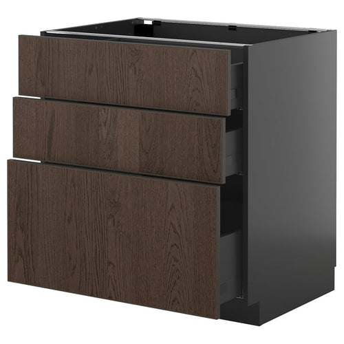 METOD / KNIVSHULT - METOD / KNIVSHULT Base cabinet with 3 drawers, black-grey/Sinarp brown, 80x60 cm
