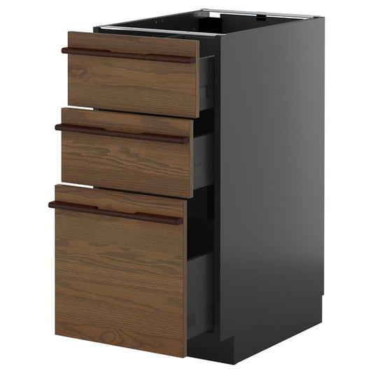 METOD / KNIVSHULT - METOD / KNIVSHULT Base cabinet with 3 drawers, black-grey/Stensta dark brown ash veneer, 40x60 cm