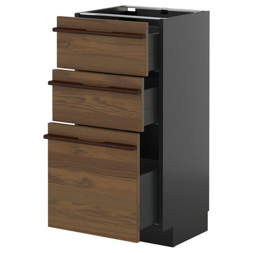 METOD / KNIVSHULT - METOD / KNIVSHULT Base cabinet with 3 drawers, black-grey/Stensta dark brown ash veneer, 40x37 cm