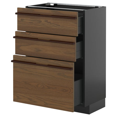 METOD / KNIVSHULT - METOD / KNIVSHULT Base cabinet with 3 drawers, black-grey/Stensta dark brown ash veneer, 60x37 cm