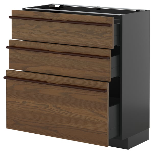 METOD / KNIVSHULT - METOD / KNIVSHULT Base cabinet with 3 drawers, black-grey/Stensta dark brown ash veneer, 80x37 cm