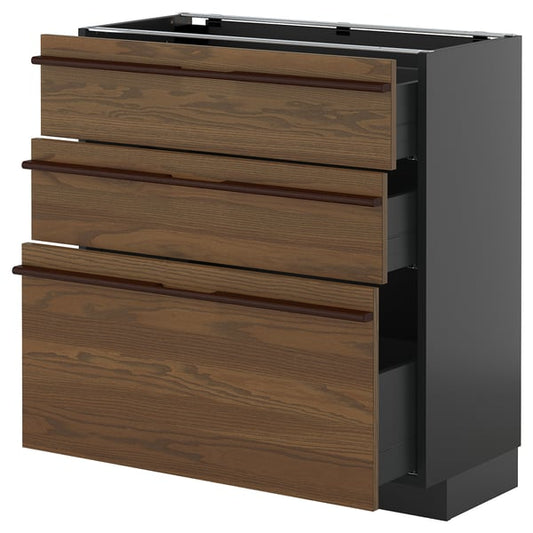 METOD / KNIVSHULT - METOD / KNIVSHULT Base cabinet with 3 drawers, black-grey/Stensta dark brown ash veneer, 80x37 cm