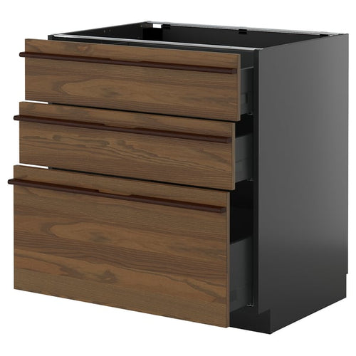 METOD / KNIVSHULT - METOD / KNIVSHULT Base cabinet with 3 drawers, black-grey/Stensta dark brown ash veneer, 80x60 cm