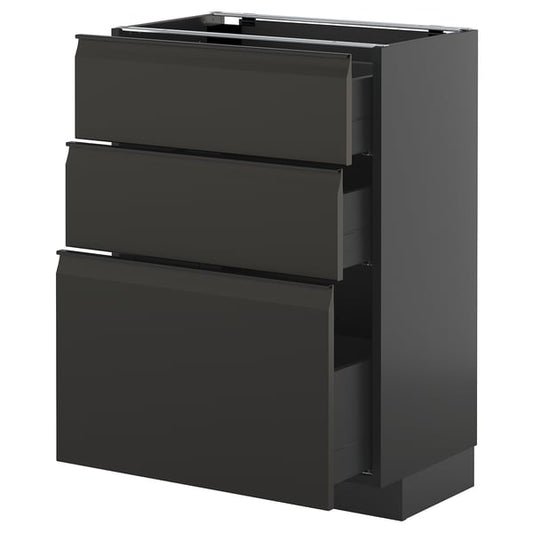 METOD / KNIVSHULT - METOD / KNIVSHULT Base cabinet with 3 drawers, black-grey/Upplöv matt anthracite, 60x37 cm