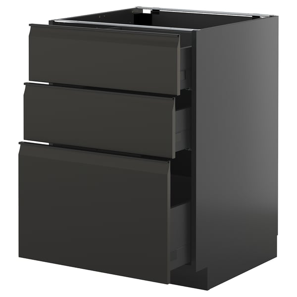 METOD / KNIVSHULT base cabinet with 3 drawers, black-grey/Upplöv matt anthracite, 60x60 cm