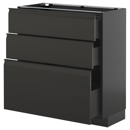 METOD / KNIVSHULT - METOD / KNIVSHULT Base cabinet with 3 drawers, black-grey/Upplöv matt anthracite, 80x37 cm