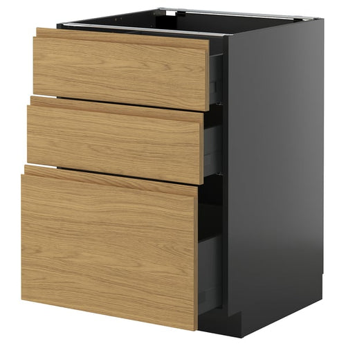 METOD / KNIVSHULT - METOD / KNIVSHULT Base cabinet with 3 drawers, black-grey/Voxtorp oak effect, 60x60 cm