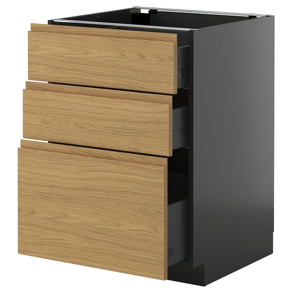 METOD / KNIVSHULT base cabinet with 3 drawers, black-grey/Voxtorp oak effect, 60x60 cm