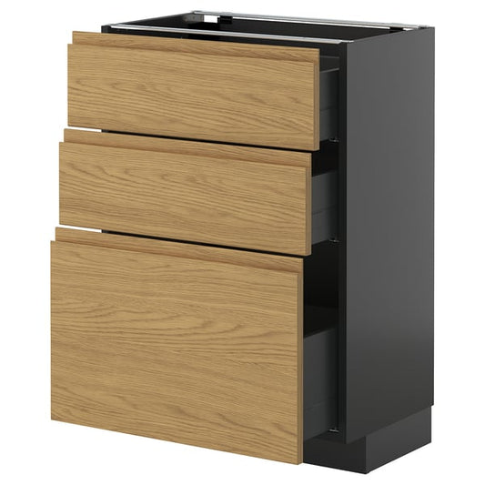 METOD / KNIVSHULT - METOD / KNIVSHULT Base cabinet with 3 drawers, black-grey/Voxtorp oak effect, 60x37 cm