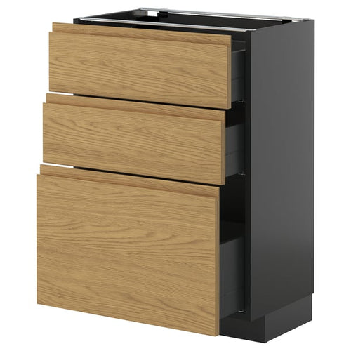 METOD / KNIVSHULT - METOD / KNIVSHULT Base cabinet with 3 drawers, black-grey/Voxtorp oak effect, 60x37 cm